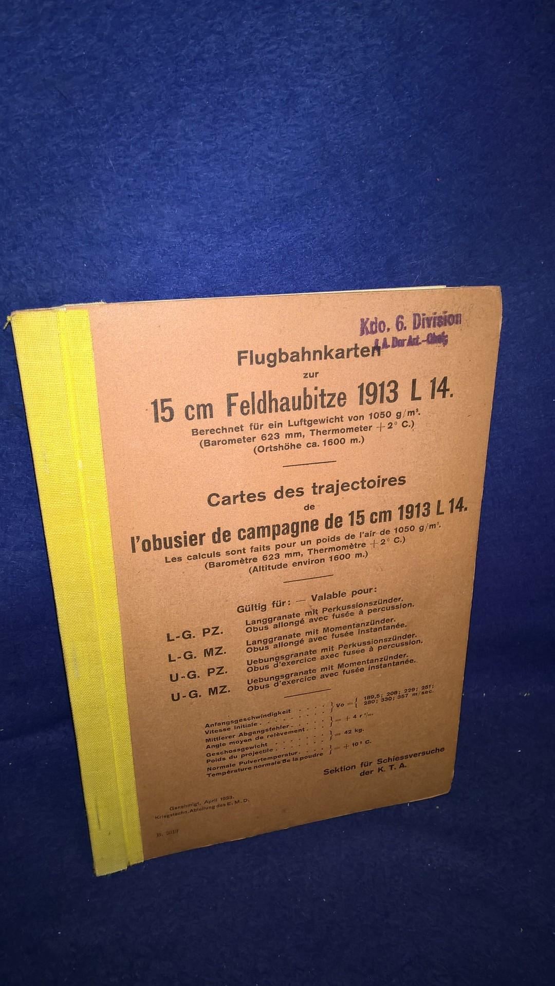 Flugbahnkarten zur 15 cm Feldhaubitze 1913 L 14 (deutsche Fertigung durch Krupp). Selten.
