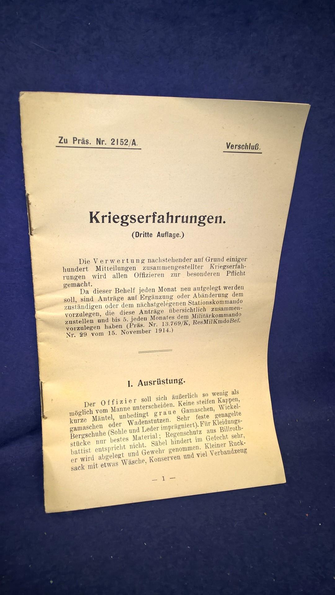 Militärkommando Graz. Verschlußsache! Kriegserfahrungen 1915. Seltene Orginalschrift!