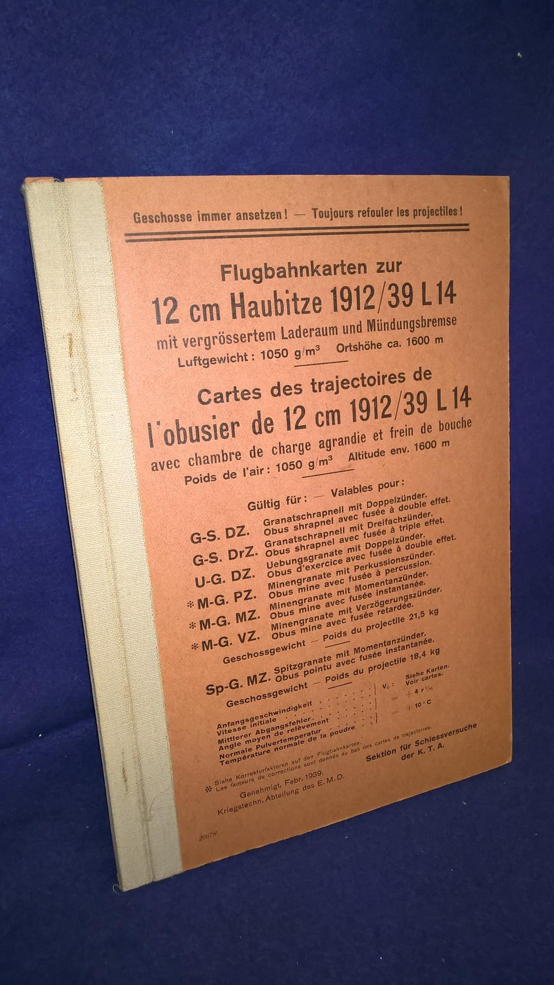 Flugbahnkarten zur 12cm Haubitze 1912/39 L 14 mit vergrößertem Laderaum und Mündungsbremse.